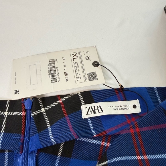 ZARA Blue Plaid Asymmetrical Set/Off-The-Shoulder Top & Ruched Slit Midi Skirt - Picture 6 of 16